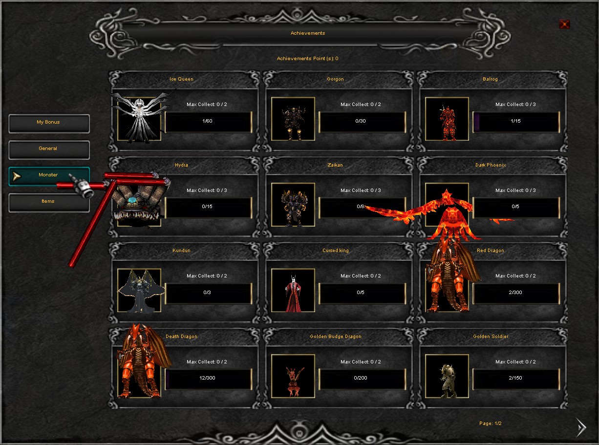 Monster Missions tab showing kill count achievements in Vanilla Mu Online