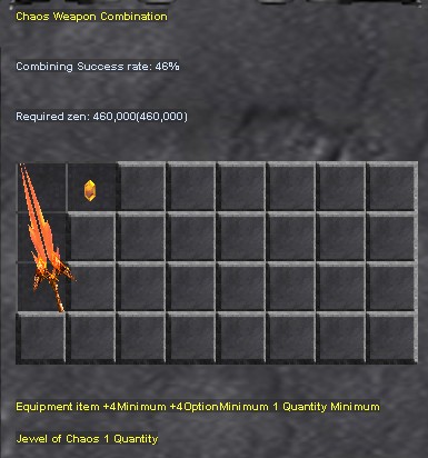 Chaos Weapon crafting ingredients showing Jewel of Chaos and upgraded item in Chaos Machine interface