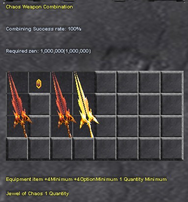 Chaos Weapon crafting ingredients showing Jewel of Chaos and upgraded item in Chaos Machine interface