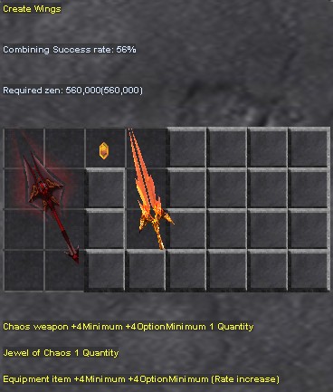 First Level Wings crafting ingredients showing Chaos Weapon, jewels, and base item in Chaos Machine interface