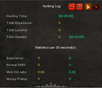 Hunting Log interface showing EXP and kill statistics in Vanilla Mu Online