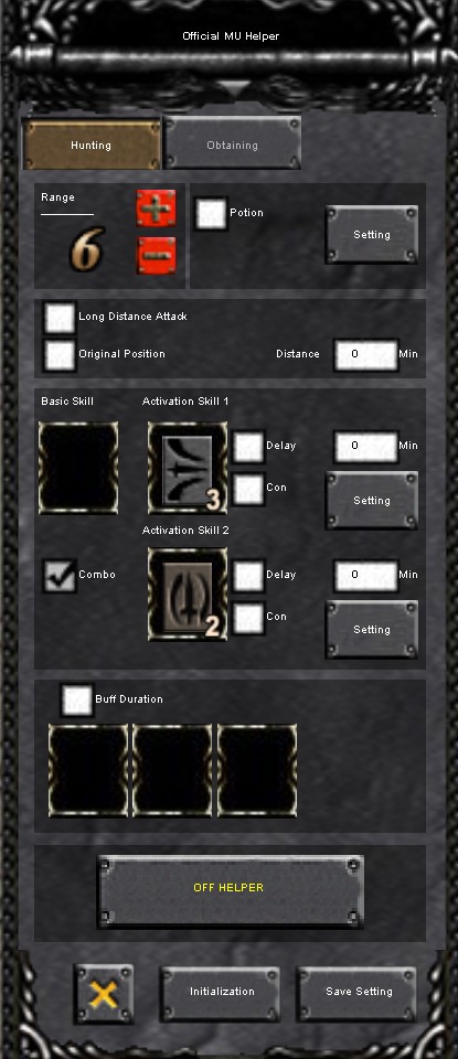 Mu Helper Hunting Settings for auto combat configuration in Vanilla Mu Online