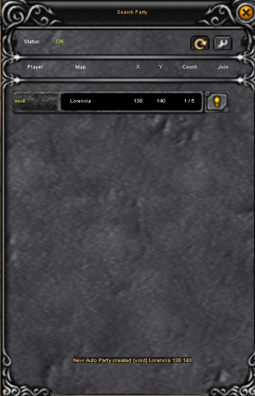 Search Party interface for finding and joining groups in Vanilla Mu Online