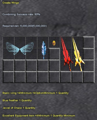 2nd Level Wings crafting ingredients showing 1st Level Wings, jewels, and Loch's Feather in Chaos Machine interface