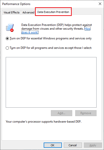 Configuración de prevención de ejecución de datos